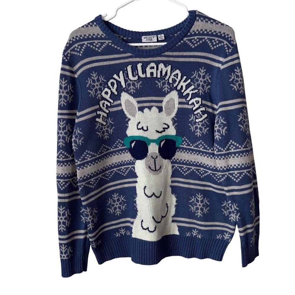 Mighty Fine Happy Llamakkah Snowflake Sweater XL Blue & White